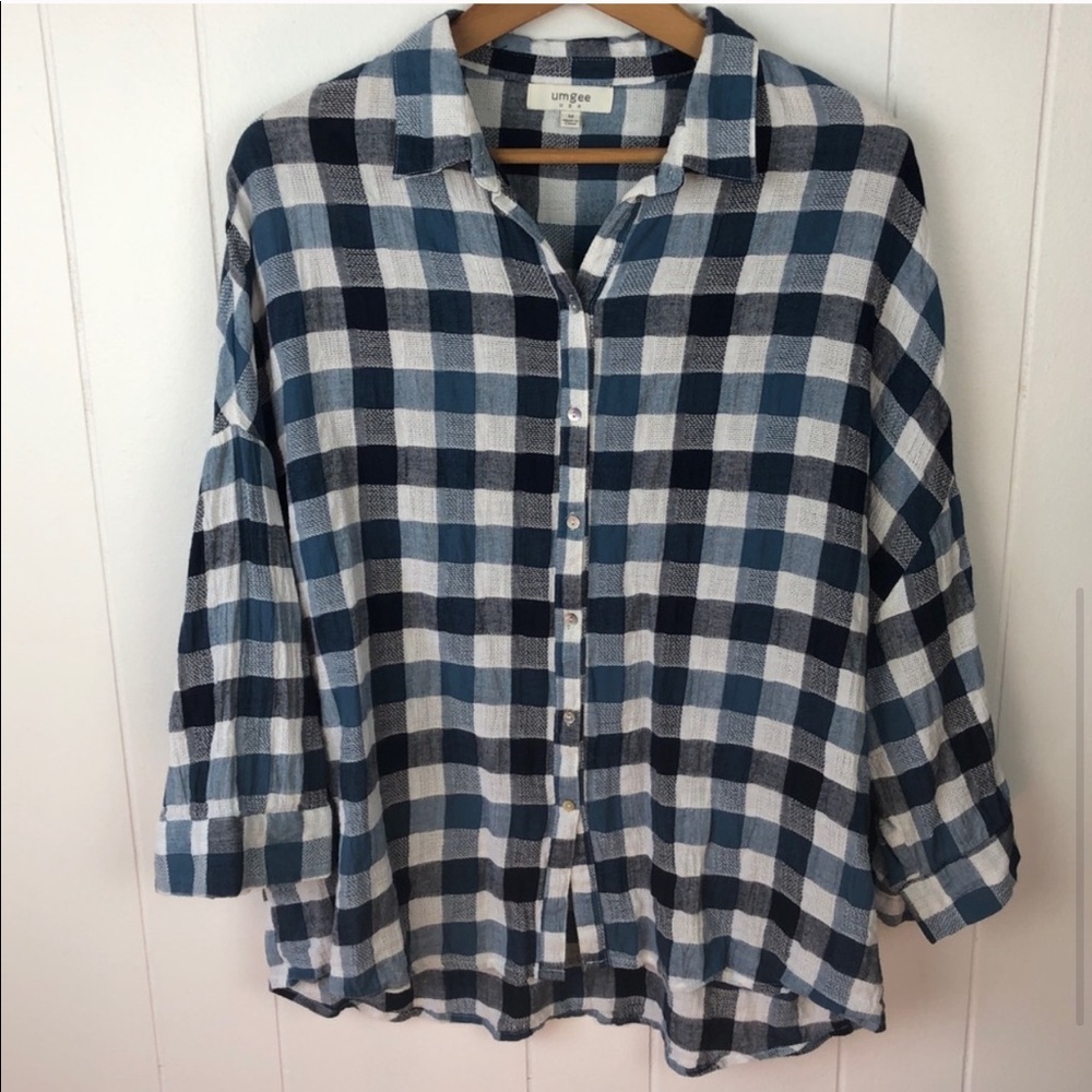 Umgee Gingham Plaid Boxy Fit Button Up Shirt M